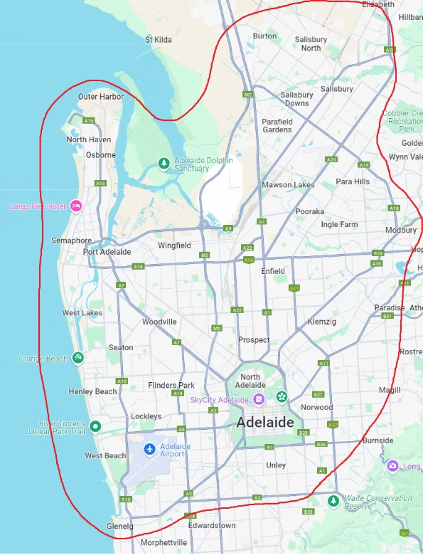 Adelaide Skip Bins service area map showing delivery coverage across Adelaide metro suburbs